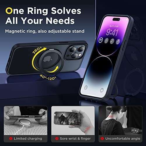 Juntone לאייפון 14 Pro Max Case עם טבעת מגנטית מסובבת 360 ° [תואמת ל- Magsafe] [Kickstand בלתי נראית] 12ft אטום